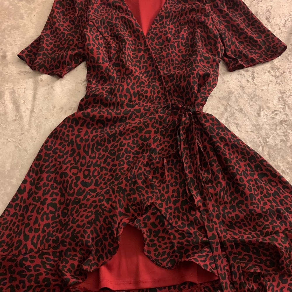 Red and black leopard wrap dress